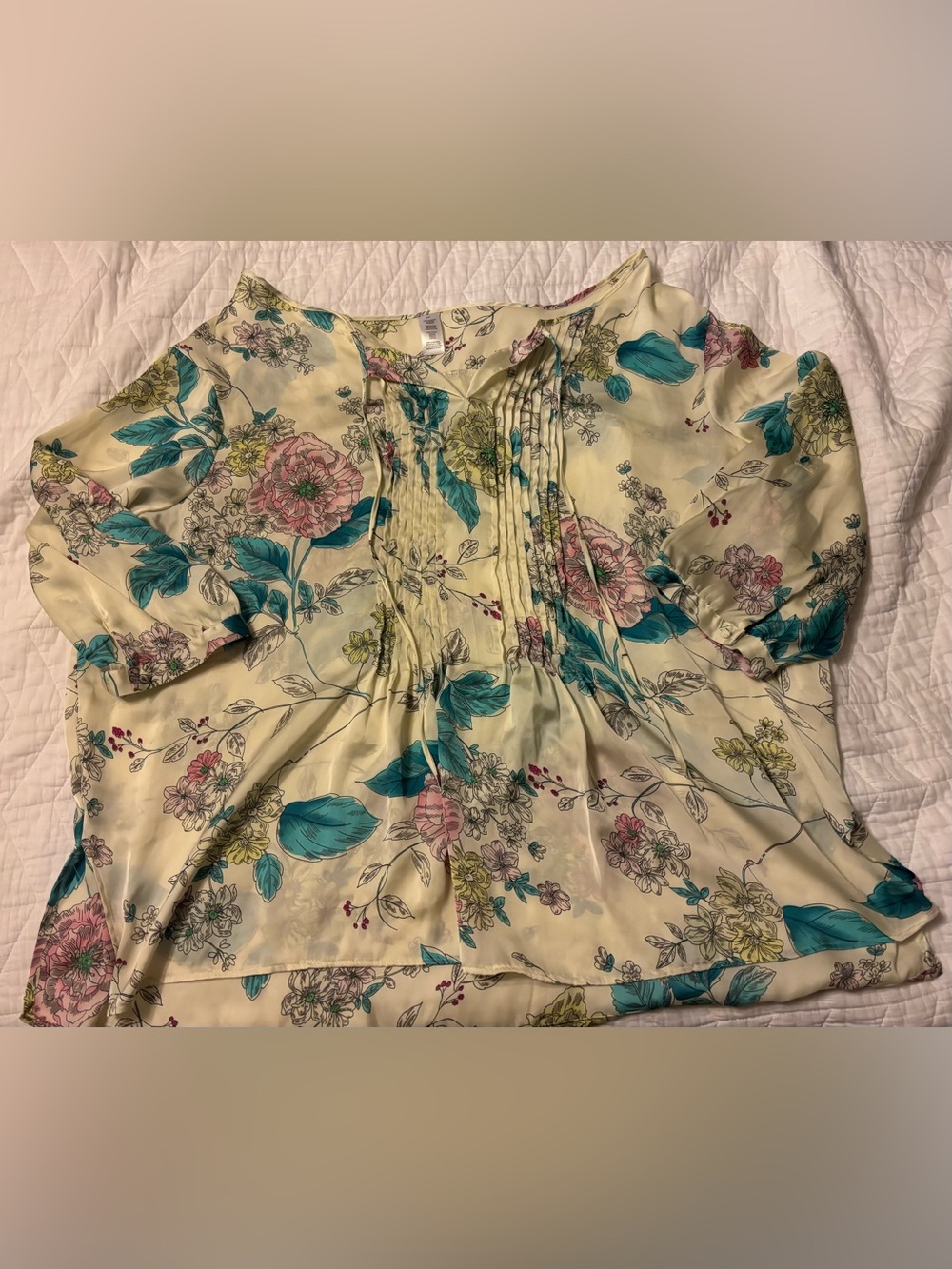 Floral Pintuck Peasant Blouse in Cream with Teal and Pink